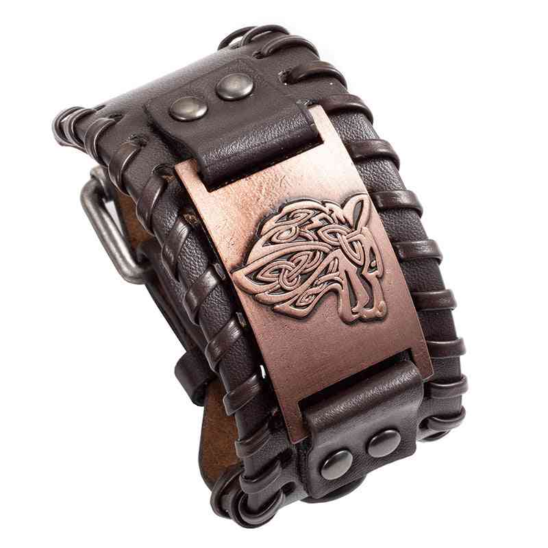 Celtic Wolf Head Braided Leather Bracelet - Nordic Popular Jewelry Retro Viking - Pedlar's Attic