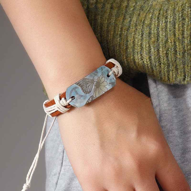 Punk New Style Handcrafted Simple Woven Butterfly Pattern Leather Bracelet for Men and Women, Personalized Clothing Accessory Bracelet