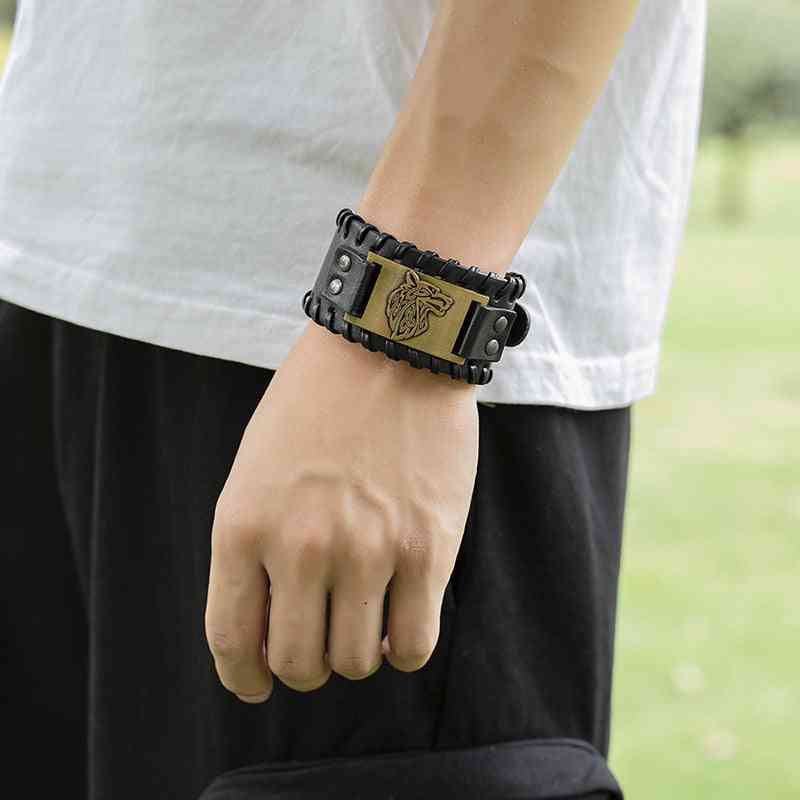Celtic Wolf Head Braided Leather Bracelet - Nordic Popular Jewelry Retro Viking - Pedlar's Attic