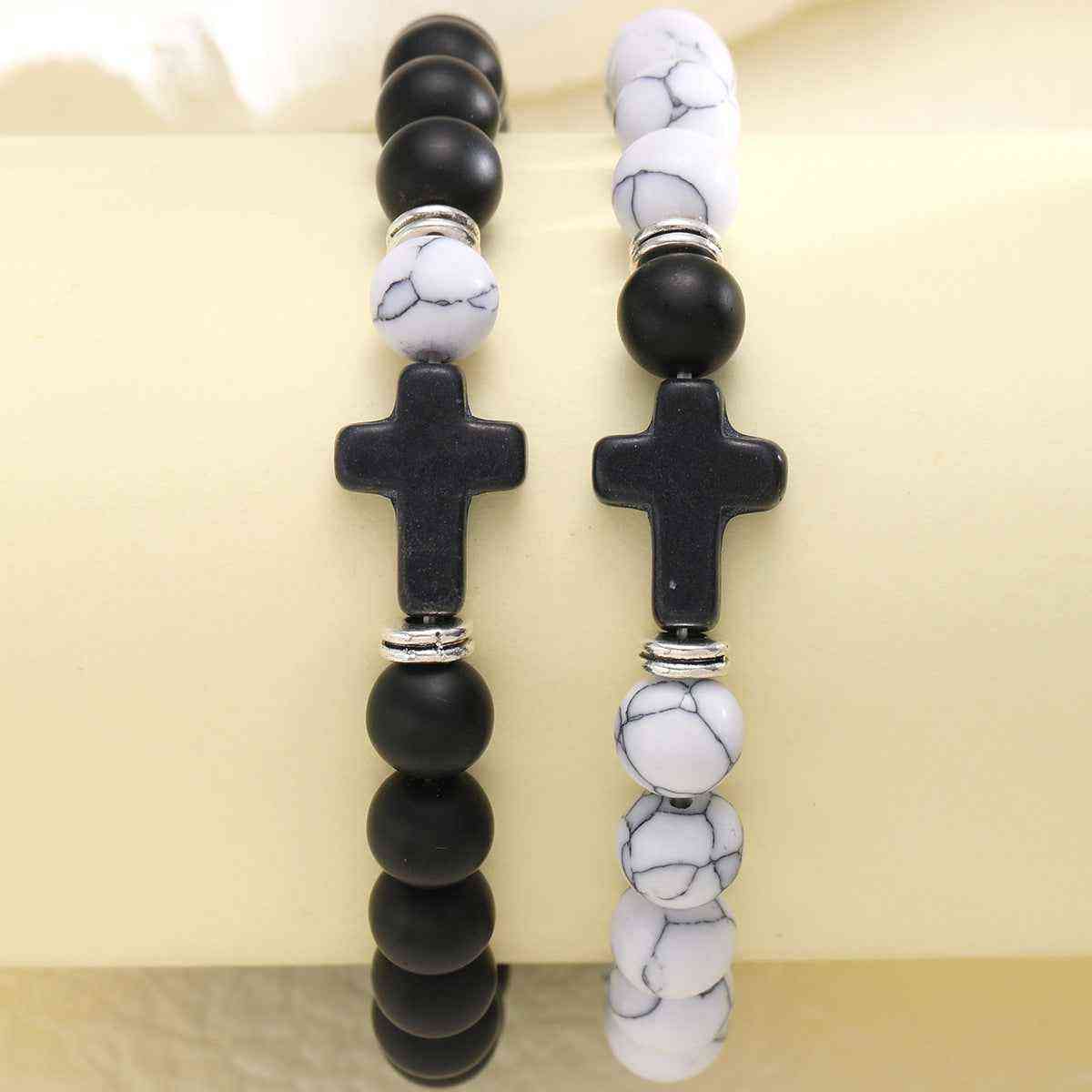 Black Cross, Black and White Bead Chain Bracelet Set Two-Piece - Pedlar's Attic