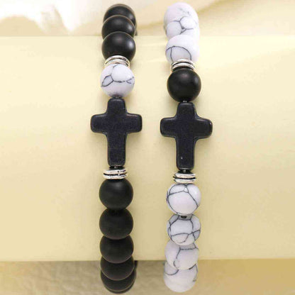 Black Cross, Black and White Bead Chain Bracelet Set Two-Piece - Pedlar's Attic