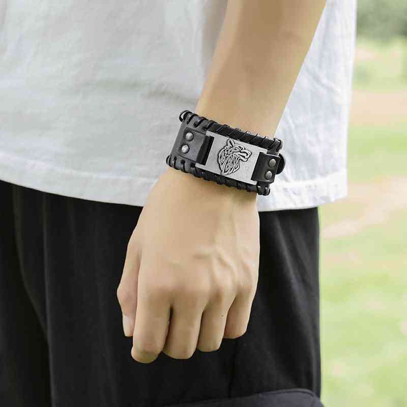 Celtic Wolf Head Braided Leather Bracelet - Nordic Popular Jewelry Retro Viking - Pedlar's Attic