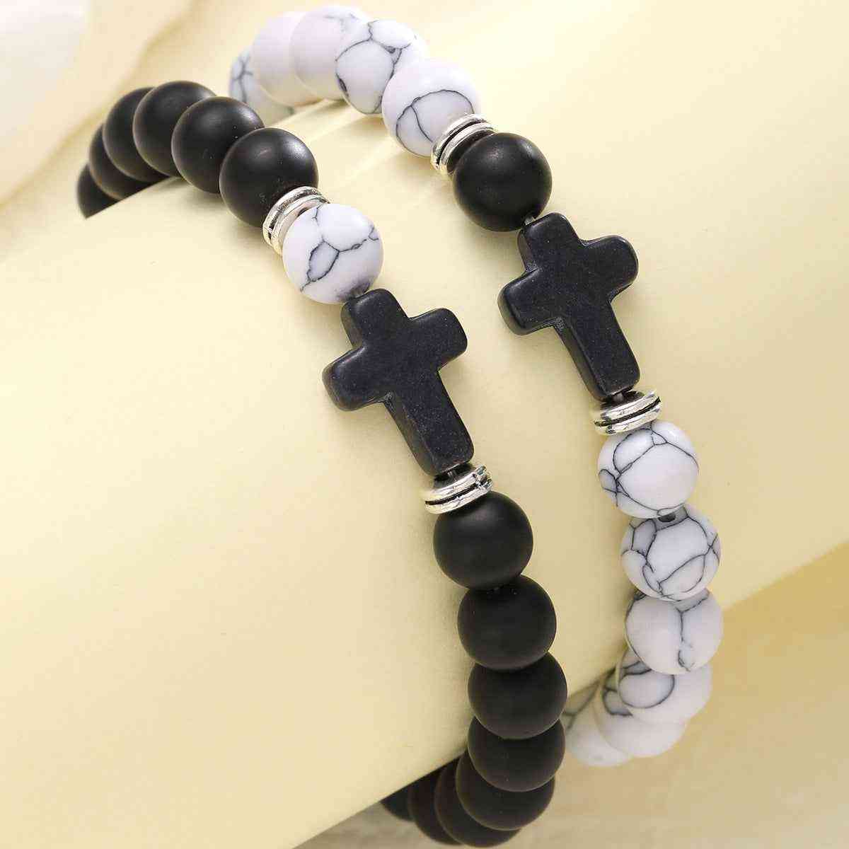 Black Cross, Black and White Bead Chain Bracelet Set Two-Piece - Pedlar's Attic