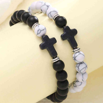 Black Cross, Black and White Bead Chain Bracelet Set Two-Piece - Pedlar's Attic