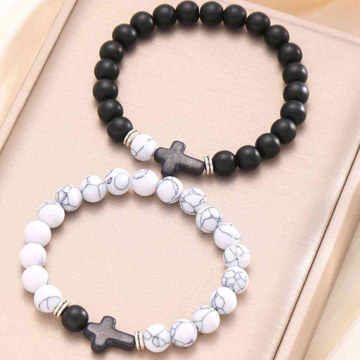 Black Cross, Black and White Bead Chain Bracelet Set Two-Piece - Pedlar's Attic