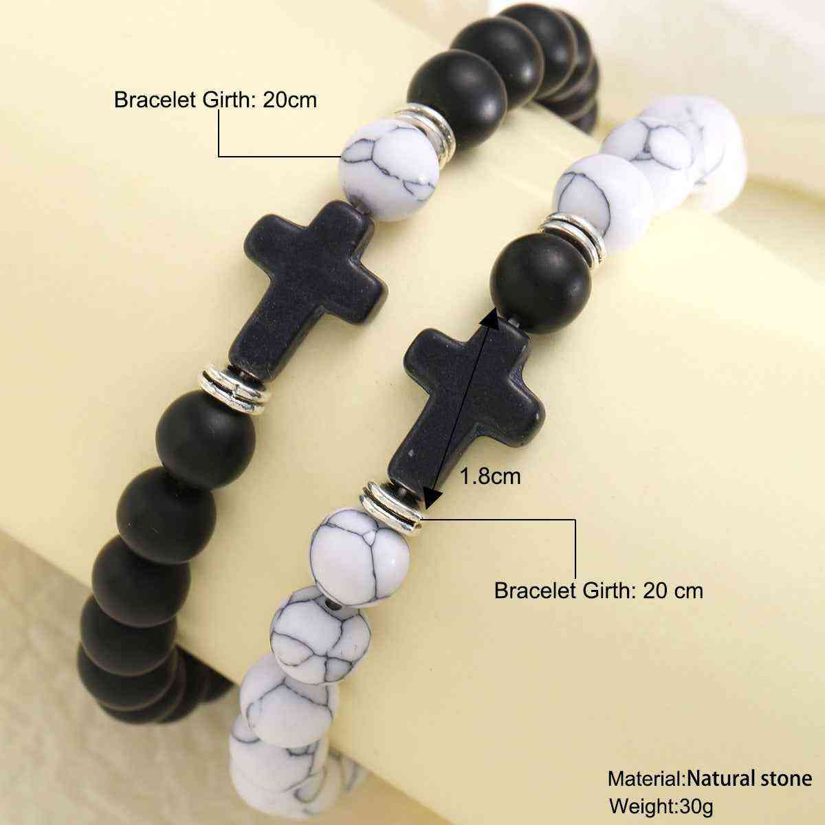 Black Cross, Black and White Bead Chain Bracelet Set Two-Piece - Pedlar's Attic