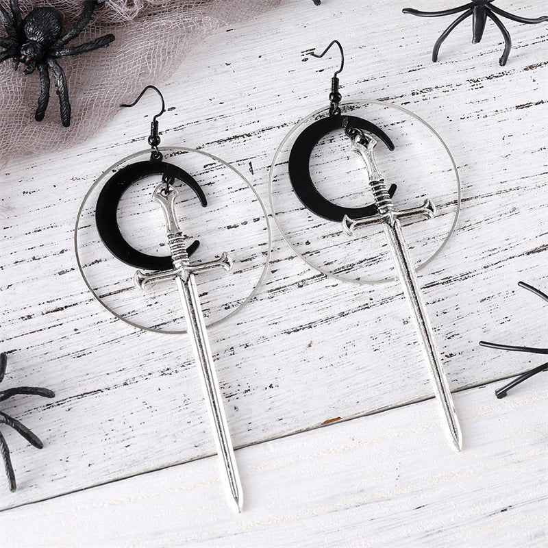 Cross-Border New Product, Fashionable Gothic Silver Hoop Black Moon Sword Earrings, Unique and Exaggerated Witch Warrior Alternative Jewelry