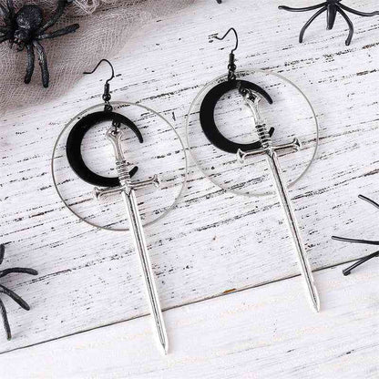 Fashionable Gothic Silver Hoop Black Moon Sword Earrings, - Pedlar's Attic