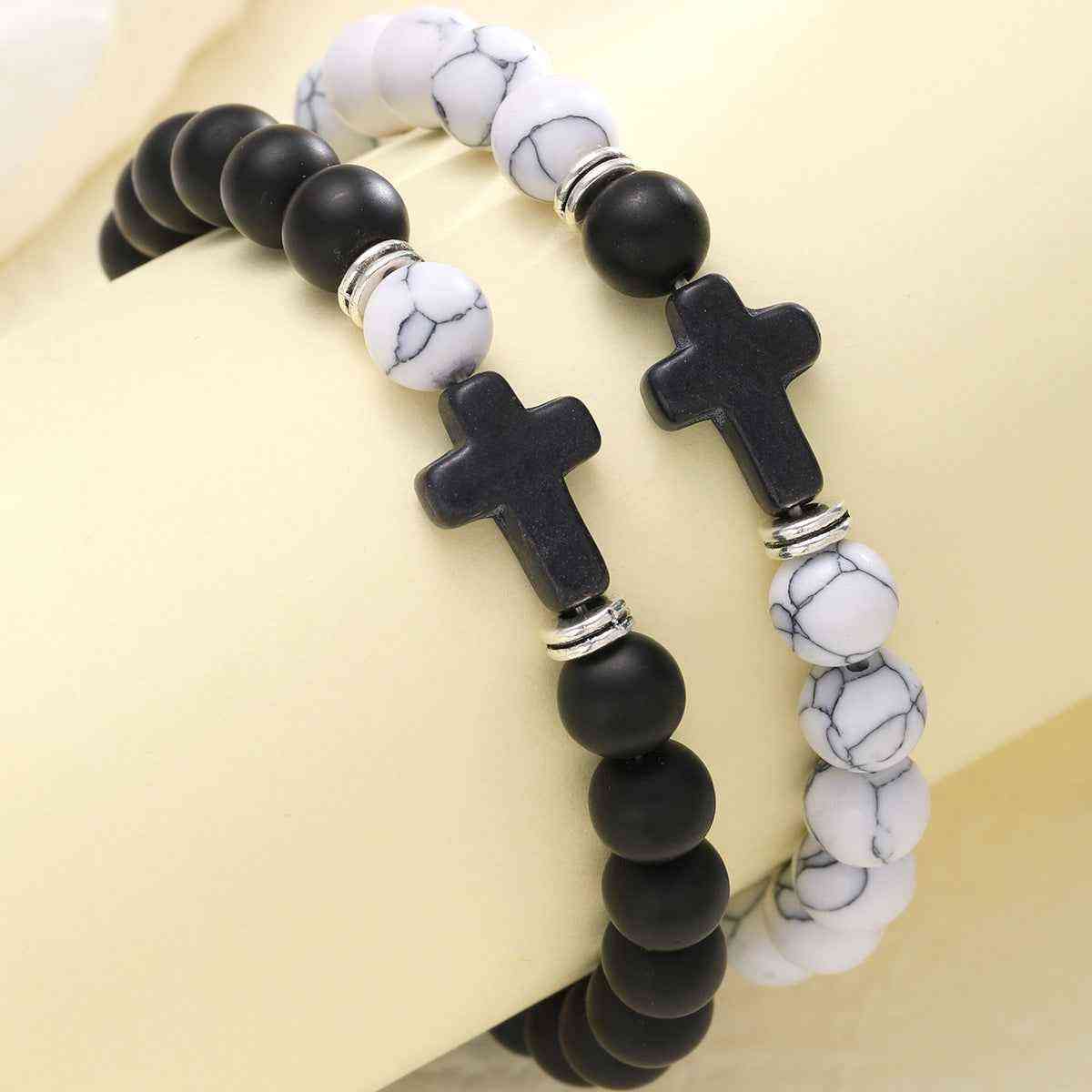 Black Cross, Black and White Bead Chain Bracelet Set Two-Piece - Pedlar's Attic