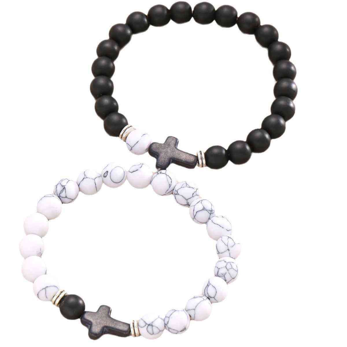 Black Cross, Black and White Bead Chain Bracelet Set Two-Piece - Pedlar's Attic