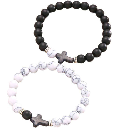 Black Cross, Black and White Bead Chain Bracelet Set Two-Piece - Pedlar's Attic