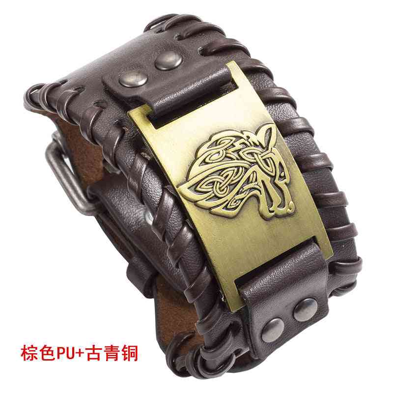 Celtic Wolf Head Braided Leather Bracelet - Nordic Popular Jewelry Retro Viking - Pedlar's Attic