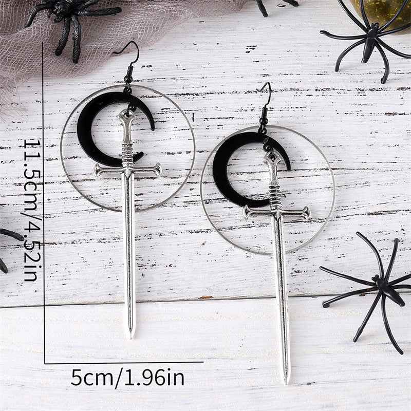 Cross-Border New Product, Fashionable Gothic Silver Hoop Black Moon Sword Earrings, Unique and Exaggerated Witch Warrior Alternative Jewelry