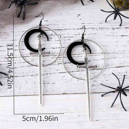 Fashionable Gothic Silver Hoop Black Moon Sword Earrings, - Pedlar's Attic