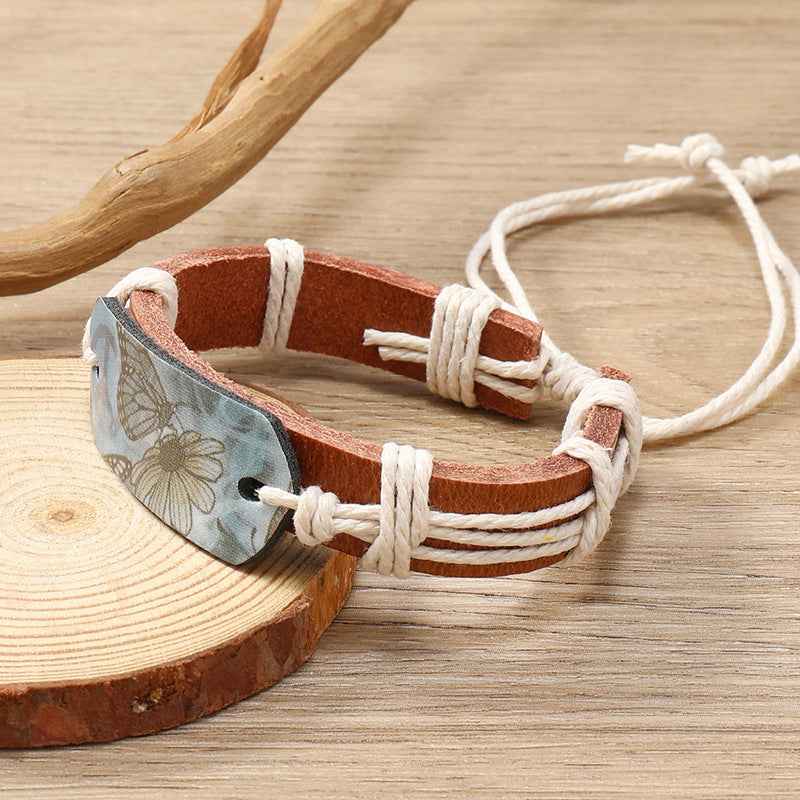 Punk New Style Handcrafted Simple Woven Butterfly Pattern Leather Bracelet for Men and Women, Personalized Clothing Accessory Bracelet