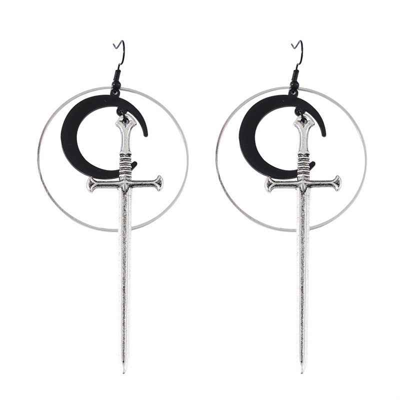 Cross-Border New Product, Fashionable Gothic Silver Hoop Black Moon Sword Earrings, Unique and Exaggerated Witch Warrior Alternative Jewelry