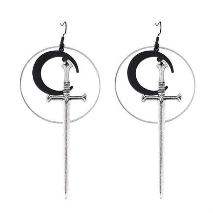 Fashionable Gothic Silver Hoop Black Moon Sword Earrings, - Pedlar's Attic