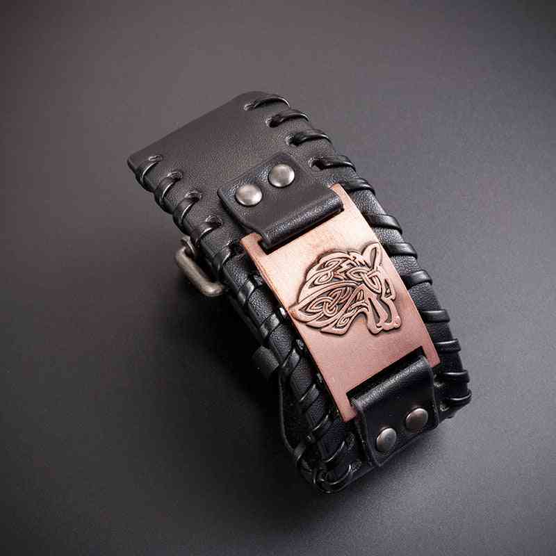 Celtic Wolf Head Braided Leather Bracelet - Nordic Popular Jewelry Retro Viking - Pedlar's Attic