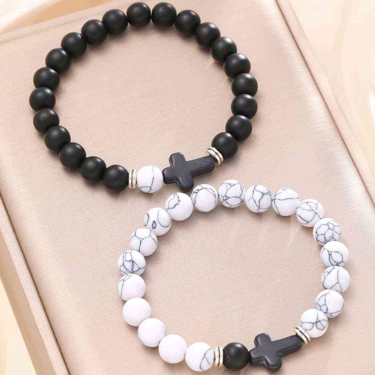 Black Cross, Black and White Bead Chain Bracelet Set Two-Piece - Pedlar's Attic
