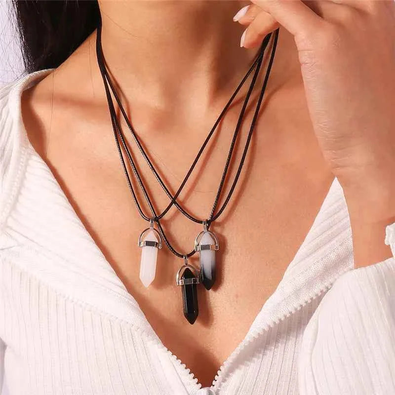 Natural Stone Quartz Lapis Opal Amethyst Pink Crystal Stone Hexagonal Column Pendant Necklaces