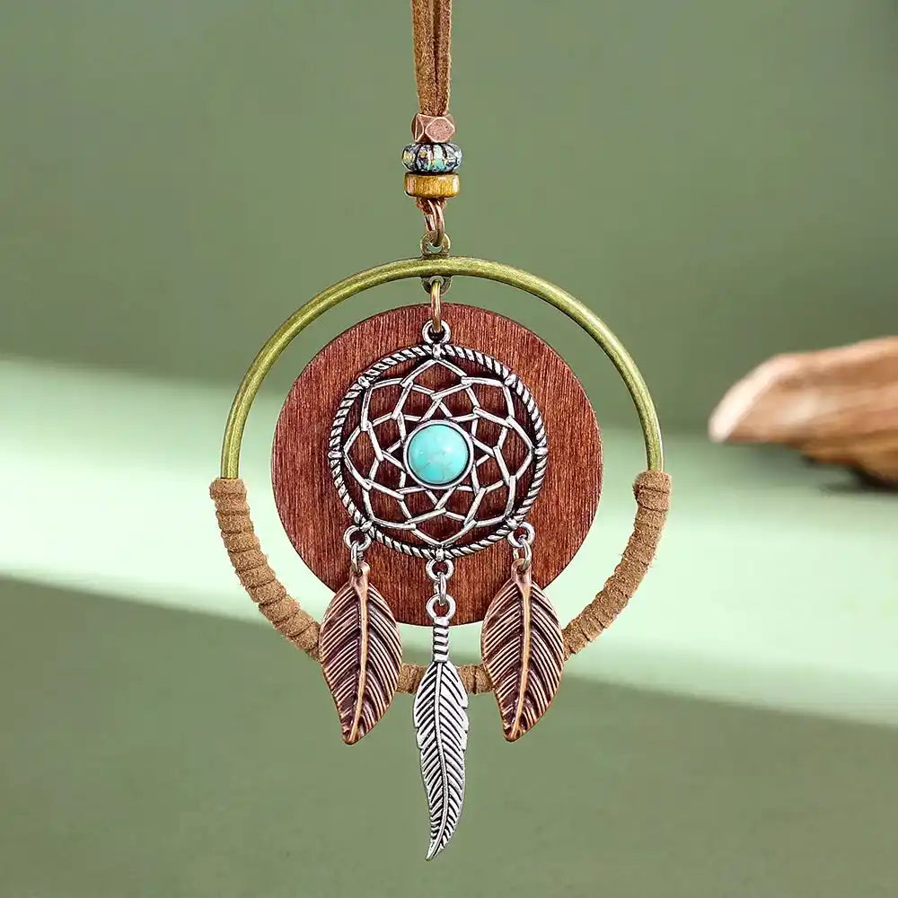 Long bohemian turquoise pendant necklace in dark copper, copper, silver & silver bright. Ethnic-inspired metalwork, lightweight chain. Ships from Pedlar's Attic.