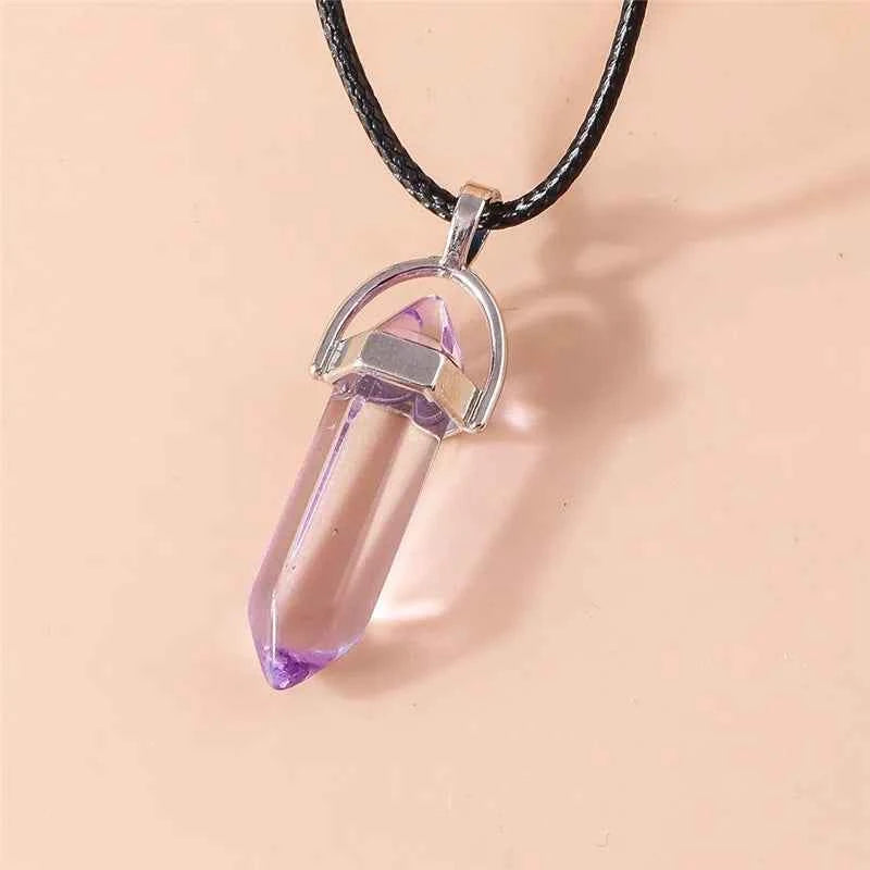 Natural Stone Quartz Lapis Opal Amethyst Pink Crystal Stone Hexagonal Column Pendant Necklaces