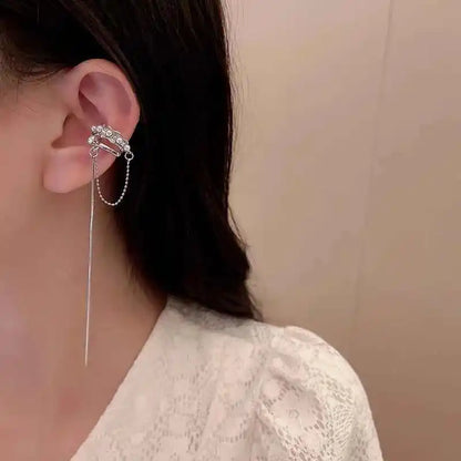 Shiny Silver Crystal Tassel Cuff Earring - Non-Piercing Rhinestone Star Clip-On Jewelry for Women - Pedlar's Attic