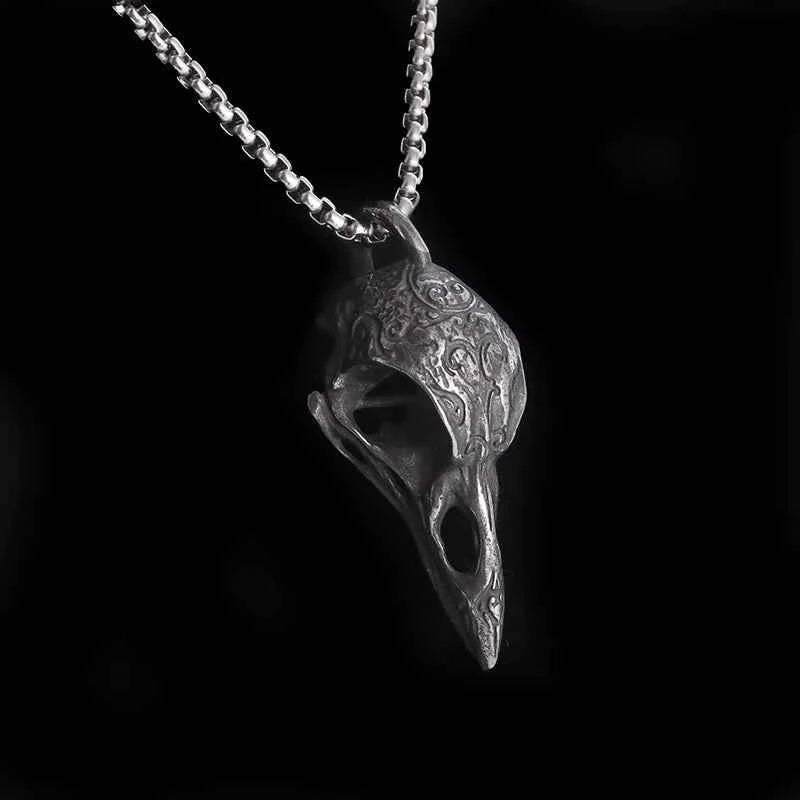 Gothic Vintage Norse Gods Odin Raven Skull Pendant Necklace