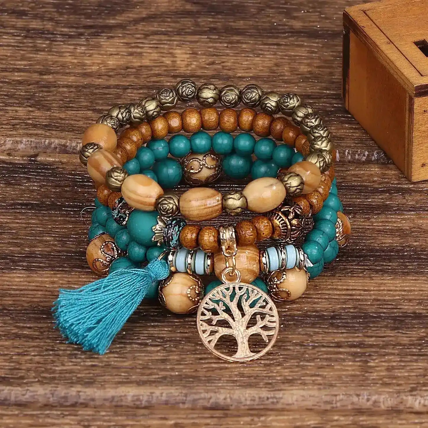 Boho Tree of Life Wooden Beaded Bracelet Set — 4 Piece