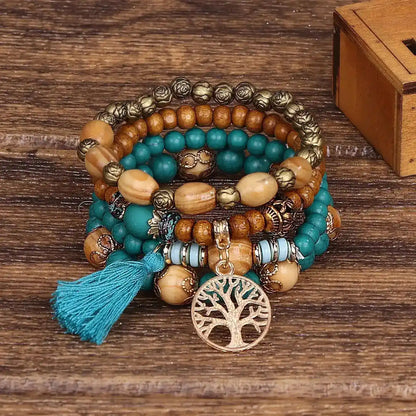 Boho Tree of Life Wooden Beaded Bracelet Set — 4 Piece