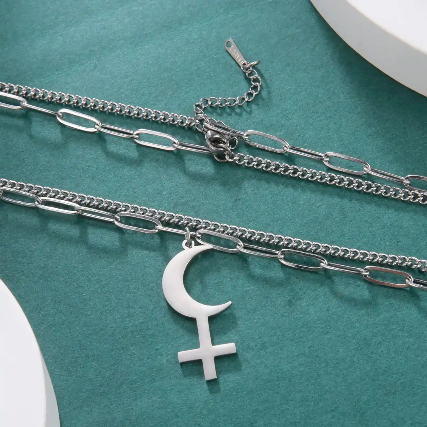 Vintage Black Moon Lilith Pendant Necklace Crescent Moon Cross Double Layer Necklace - Pedlar's Attic