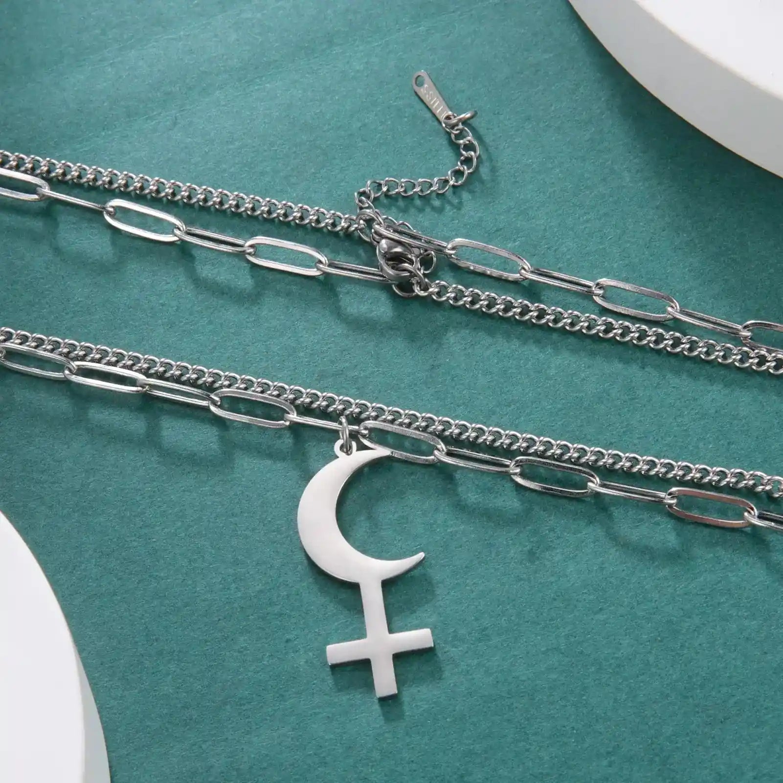 Vintage Black Moon Lilith Pendant Necklace Crescent Moon Cross Double Layer Necklace - Pedlar's Attic