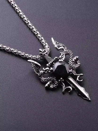 Gothic Style Ancient Silver-color Evil Dragon Gem Pendant Necklace - Pedlar's Attic