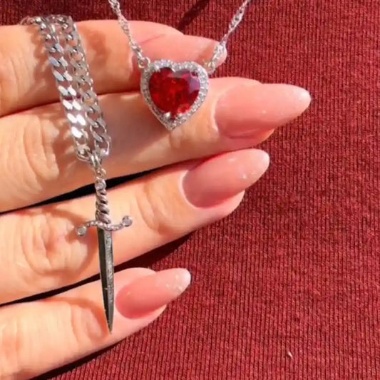 Red Crystal Heart Dagger Pendant Layered Necklace - Pedlar's Attic