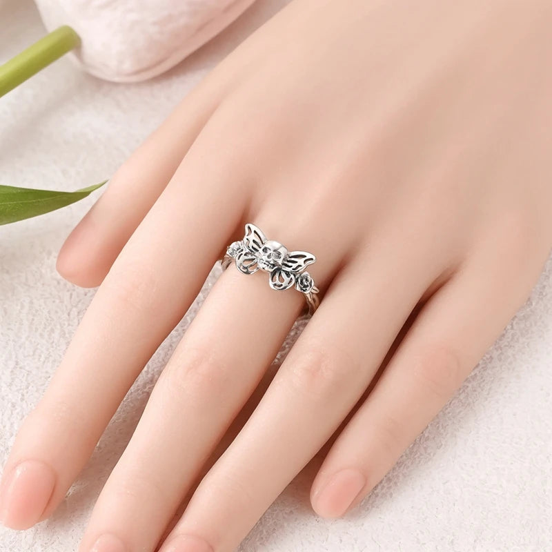 Original 925 Sterling Silver Skull Rose Open Rings For Women Girls Jewelry Birthday Anniversary Gifts