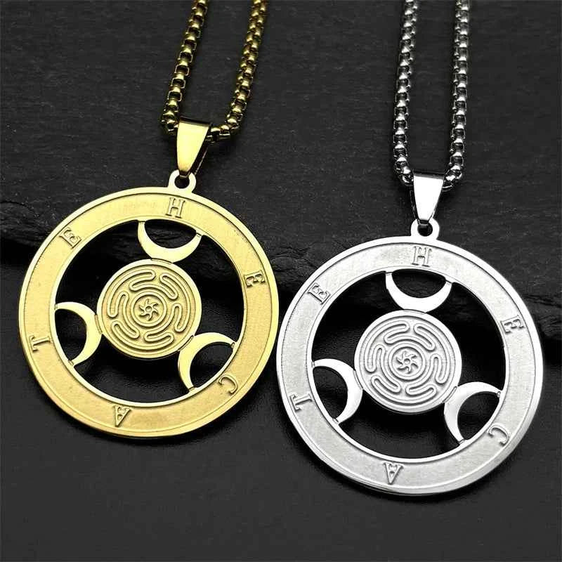 Triple Moon Goddness Hekate Wheel Stainless Steel Pendant Necklace