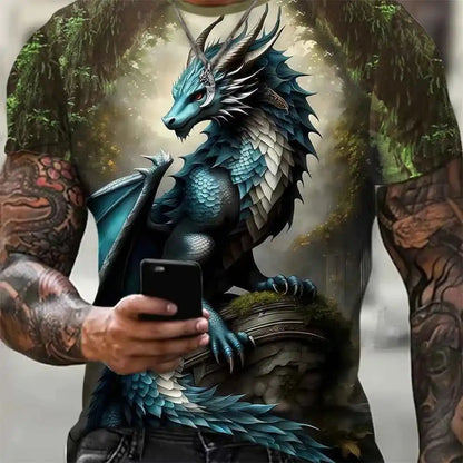 3D Style 3 Roaring Dragon Pattern Round Neck Short Sleeve T Shirt - Pedlar's Attic