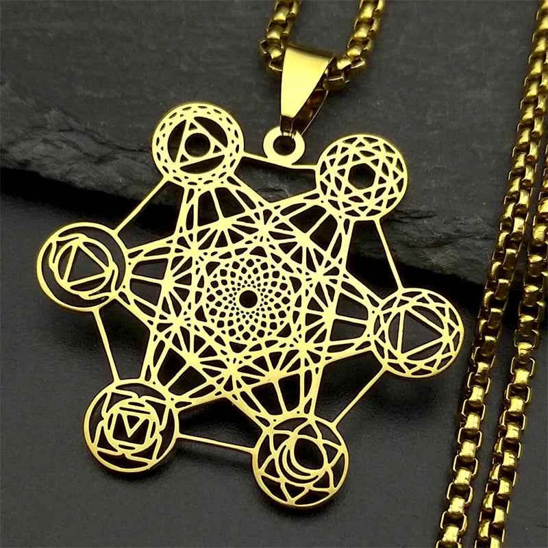 Yoga Hindu Buddhism 7 Chakra Stainless Steel Pendant Necklace Sacred Geometry Hollow Angel Seal Metatron Symbol Chain Jewelry