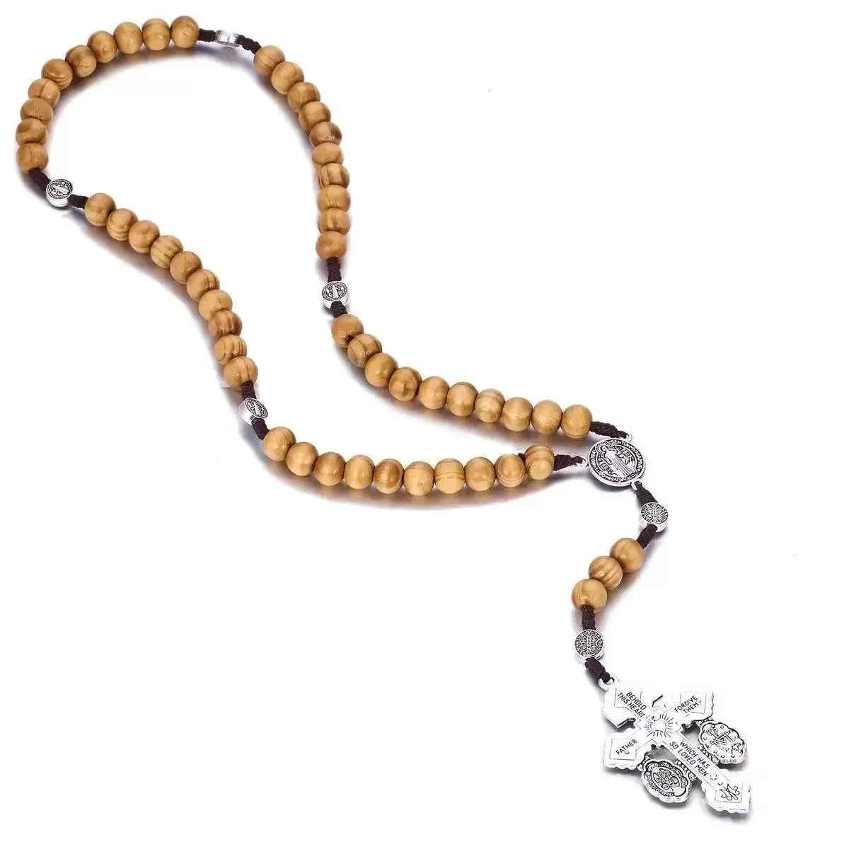 1 Piece/Set Of Wooden Rose Bead Necklace Wooden Saint Benedict Medal and Catholic Cross Religious Prayer Chapel Handmade