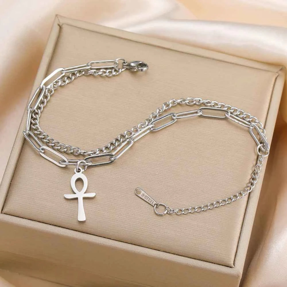 Dawapara Ankh Cross Bracelet Religious Ancient Egyptian Key To Life Prayer Amulet Supernatural Stainless Steel Jewelry