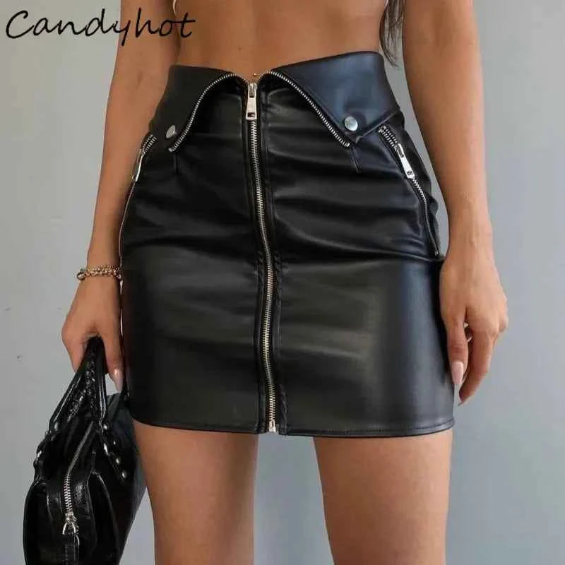 Candyhot Sexy Y2K PU Leather Zipper Casual Skirt Chic Multi Zip Fashion Slim Hip Skirts Summer Club Party High-waist Mini Dress - Pedlar's Attic