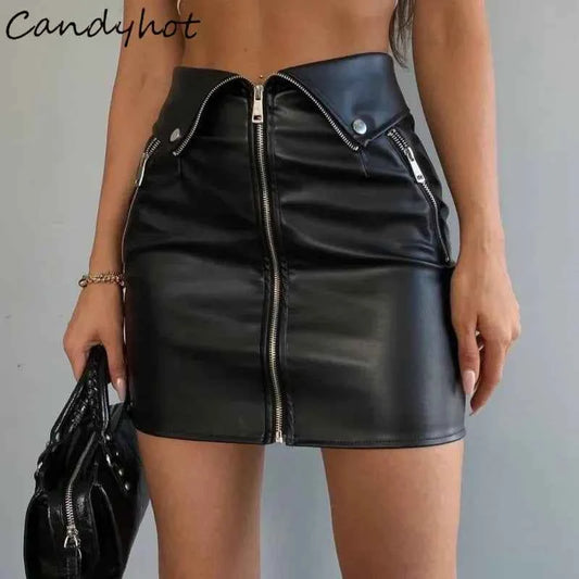 Candyhot Sexy Y2K PU Leather Zipper Casual Skirt Chic Multi Zip Fashion Slim Hip Skirts Summer Club Party High-waist Mini Dress - Pedlar's Attic