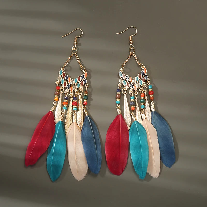 Boho Long Feather Dangle Women's Earrings Beach Long Tassel Beads Handmade Flower Enamel Earrings Bride Wedding Pendientes Mujer