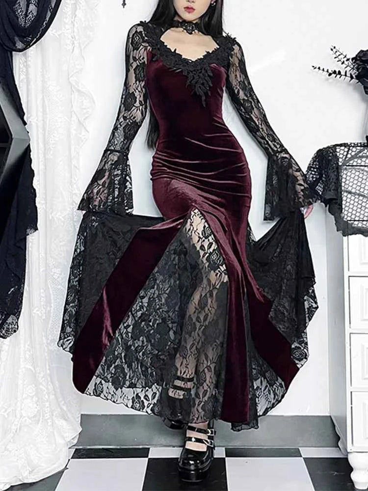 AltGoth Gothic Midi Dress - Elegant Lace Patchwork & Sheer Flare Sleeves, High-Waisted Clubwear for a Stunning Look - Pedlar's Attic