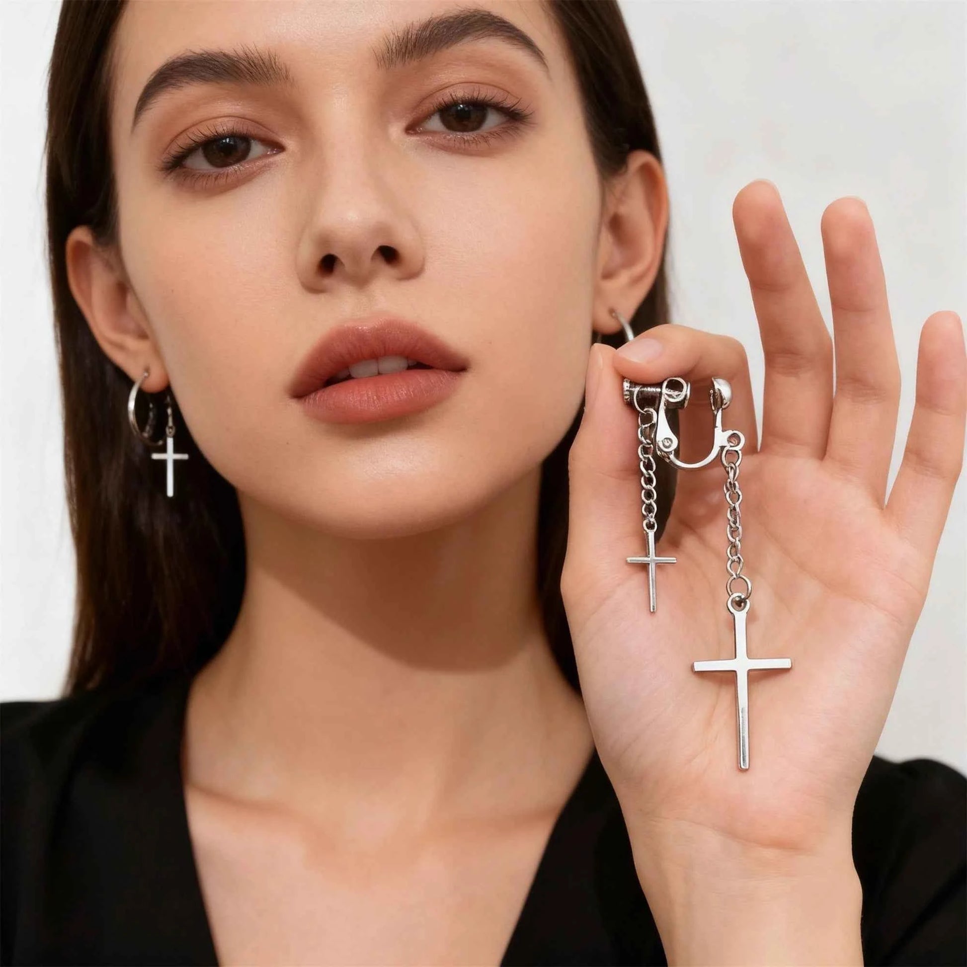 Gothic Cross Chain Ear Cuffs No Piercing Clip On Earrings for Women Men Punk Rock Gothic Jewelry Streetwear Accessories Gothic P