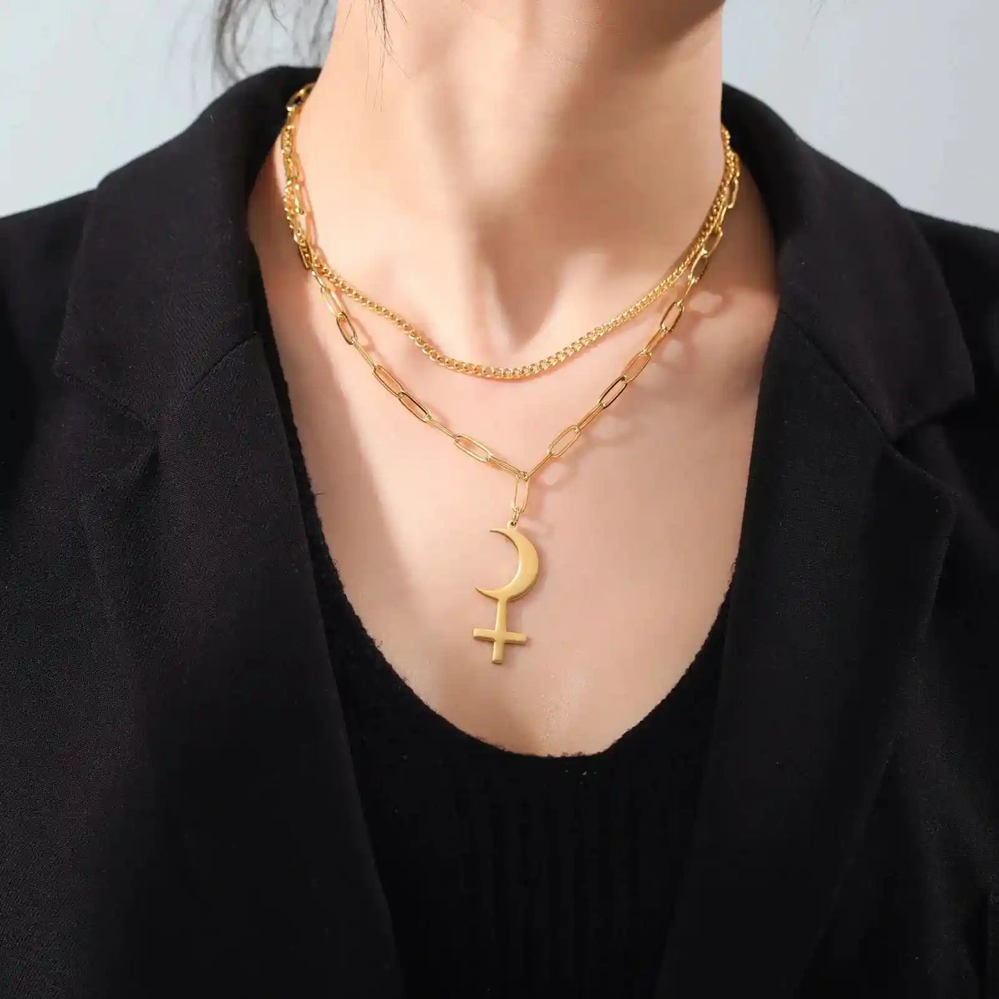 Vintage Black Moon Lilith Pendant Necklace Crescent Moon Cross Double Layer Necklace - Pedlar's Attic