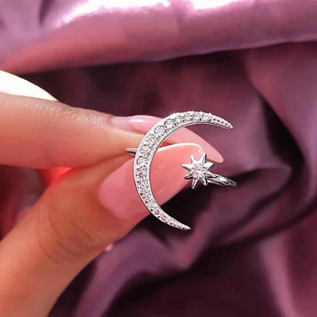 2025 New Silver color Star and Moon Open Ring (One Piece) Irregular Rhinestone Design - Fashionable Starry Sky Style Accessories
