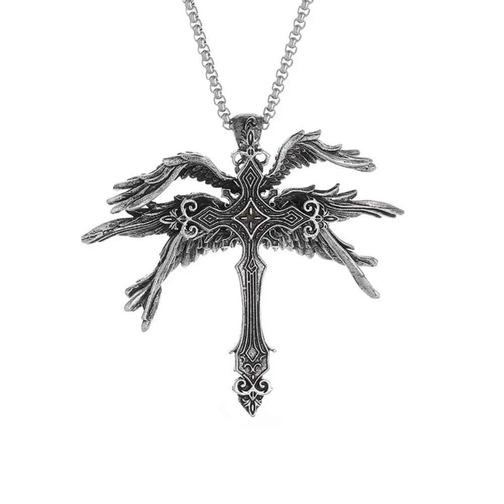 Retro Gothic Jesus Wings Cross Pendant Necklace