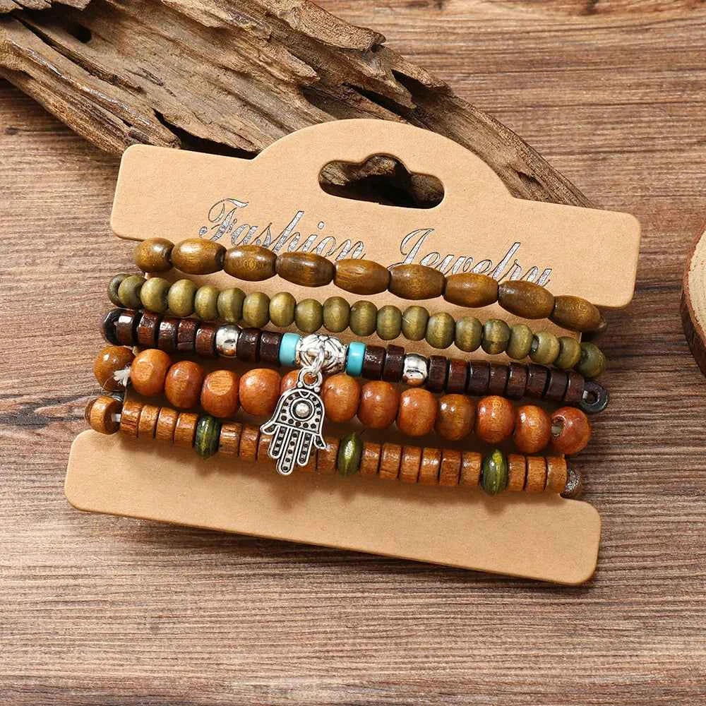 Ethnic 4-5pc/set wood bead tree Cactus Charms bracelets