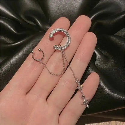 Shiny Silver Crystal Tassel Cuff Earring - Non-Piercing Rhinestone Star Clip-On Jewelry for Women - Pedlar's Attic